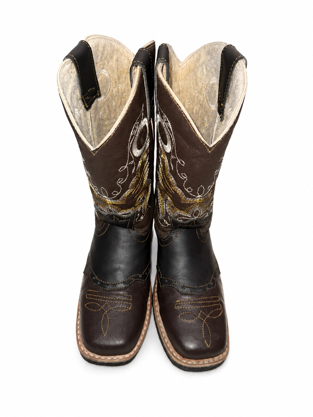 Rodeo Kids Brown Black Leather Cowboy Boots Square Toe Embroidered Size 12